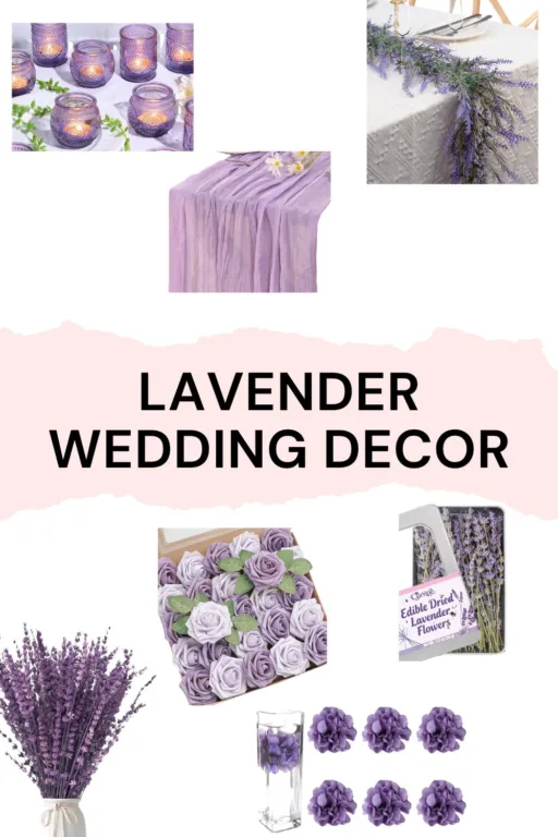 A photo collage of lavender wedding decor.
