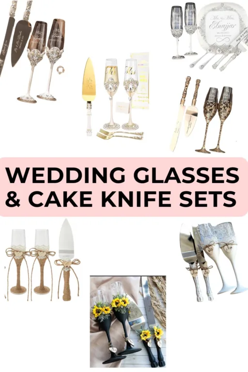 A photo collage of 7 wedding glasses & cake knife sets (elegant and rustic themed).