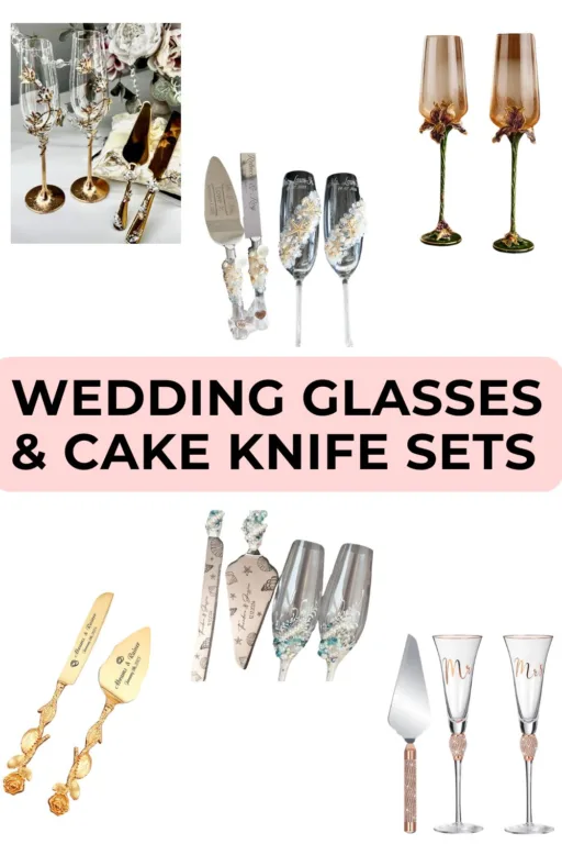 A photo collage of 6 wedding glasses & cake knife sets (garden and beach themed).