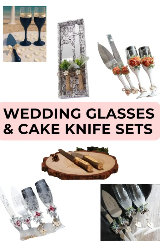 A photo collage of 7 wedding glasses & cake knife sets (summer, fall, and winter themed).