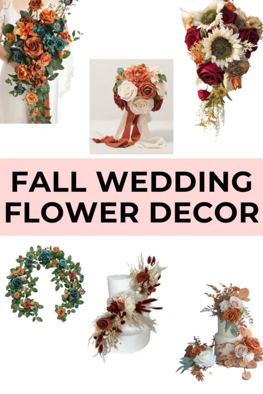 A photo collage of 6 fall wedding flower decorations (bouquets and reception decor).