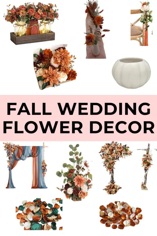 A photo collage of 10 fall wedding ceremony and reception decor.