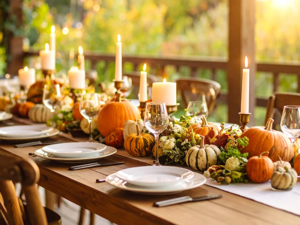 A wooden table with pumpkin and candles for the centerpiece.