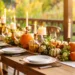 A wooden table with pumpkin and candles for the centerpiece.