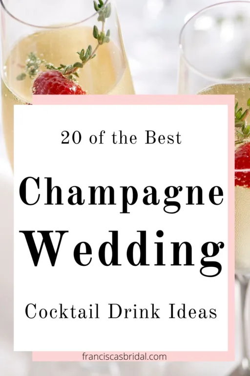 Champagne with raspberries in them and the text champagne wedding cocktail drink ideas.