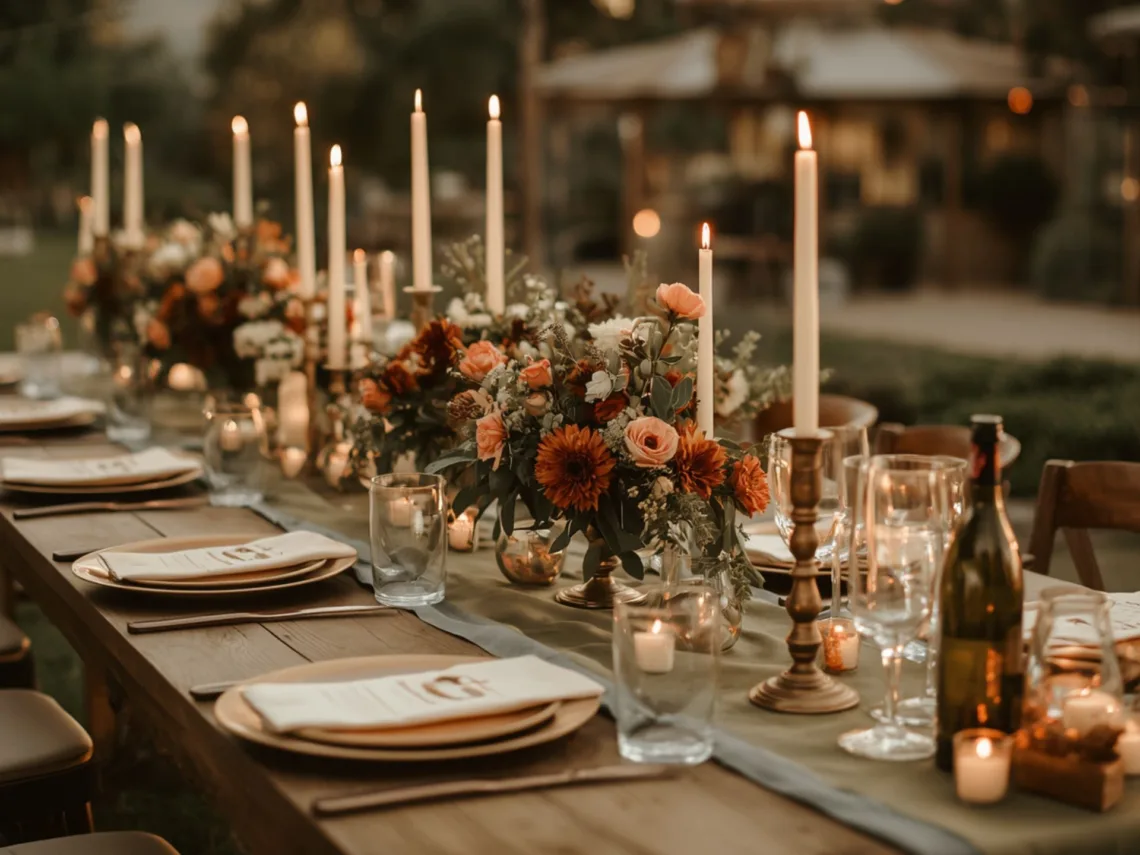 A wedding table with burnt orange and olive green colored decorations and flowers.