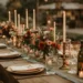 A wedding table with burnt orange and olive green colored decorations and flowers.