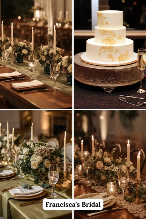 A photo collage of olive green and champagne wedding decor ideas.