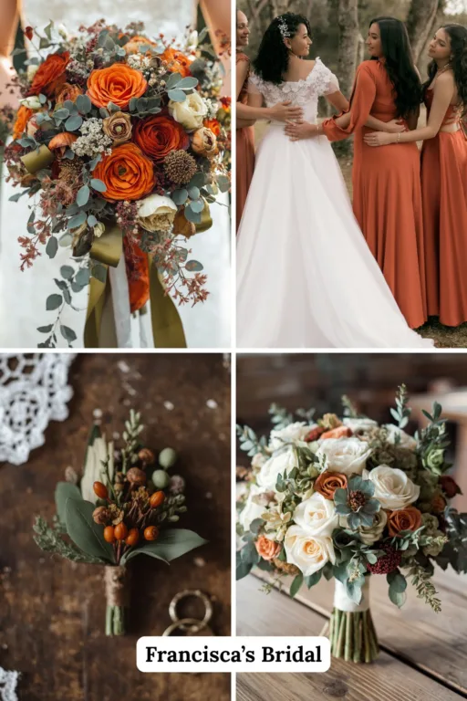 A photo collage of olive green and burnt orange wedding flower ideas.