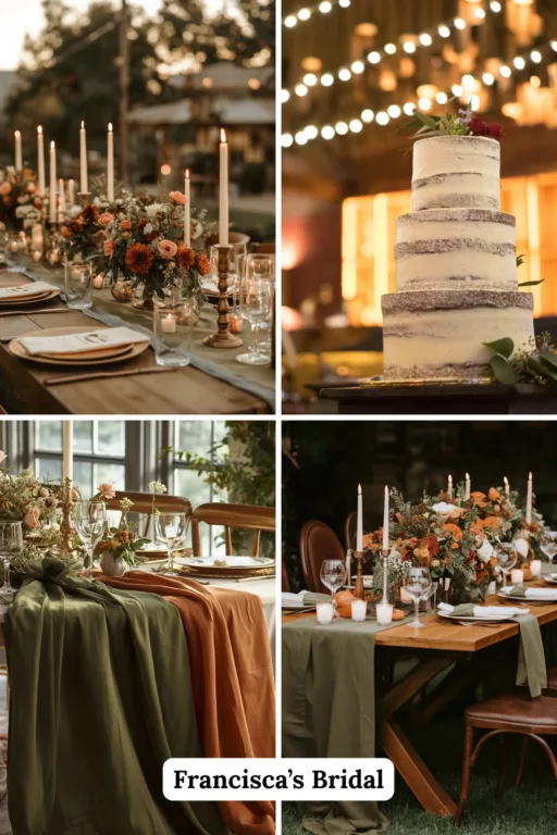 A photo collage of olive green and burnt orange wedding decor ideas.