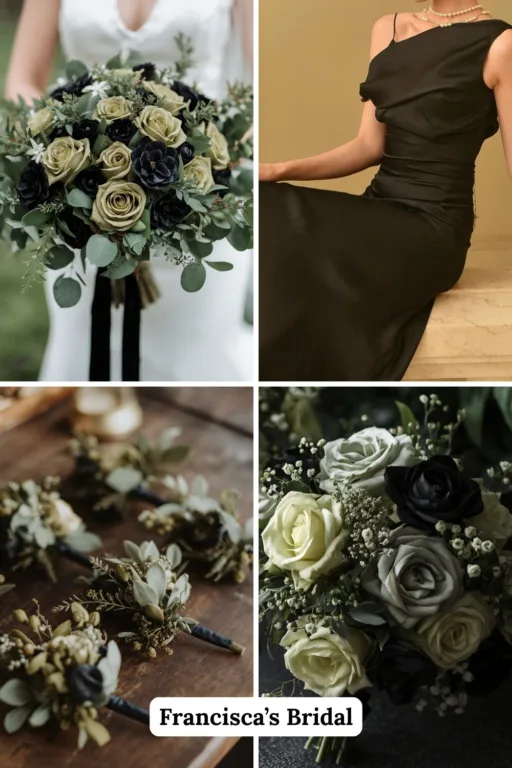 A photo collage of olive green and black wedding flower ideas.