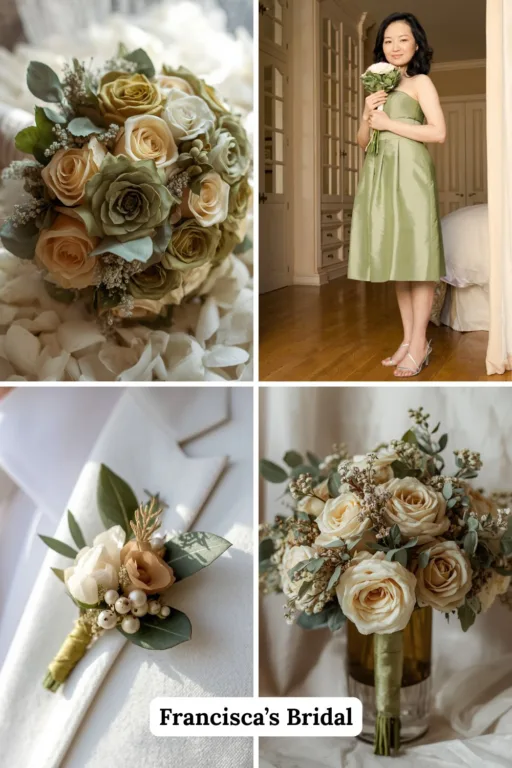 A photo collage of olive green and champagne wedding flower ideas.