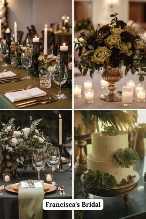 A photo collage of olive green and black wedding table decor ideas.